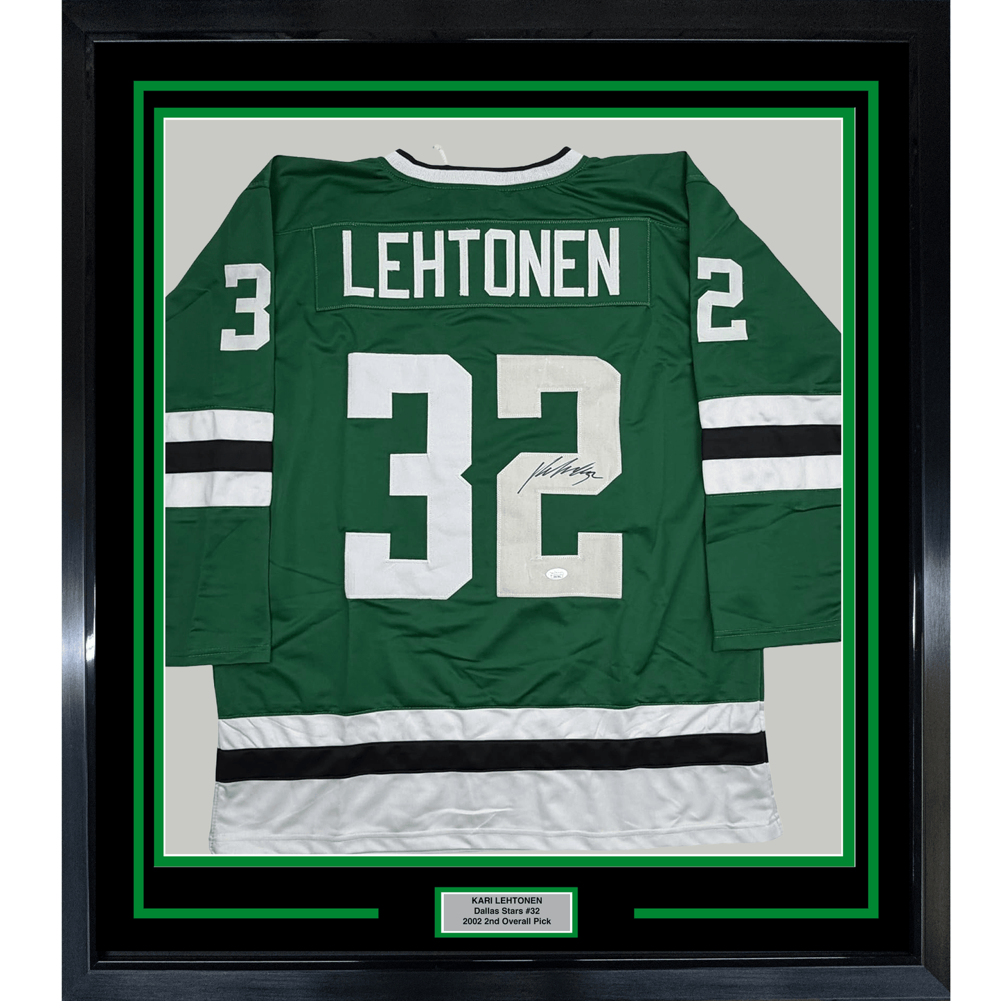 Framed Autographed/Signed Kari Lehtonen 35x39 Dallas Green Hockey Jersey JSA COA