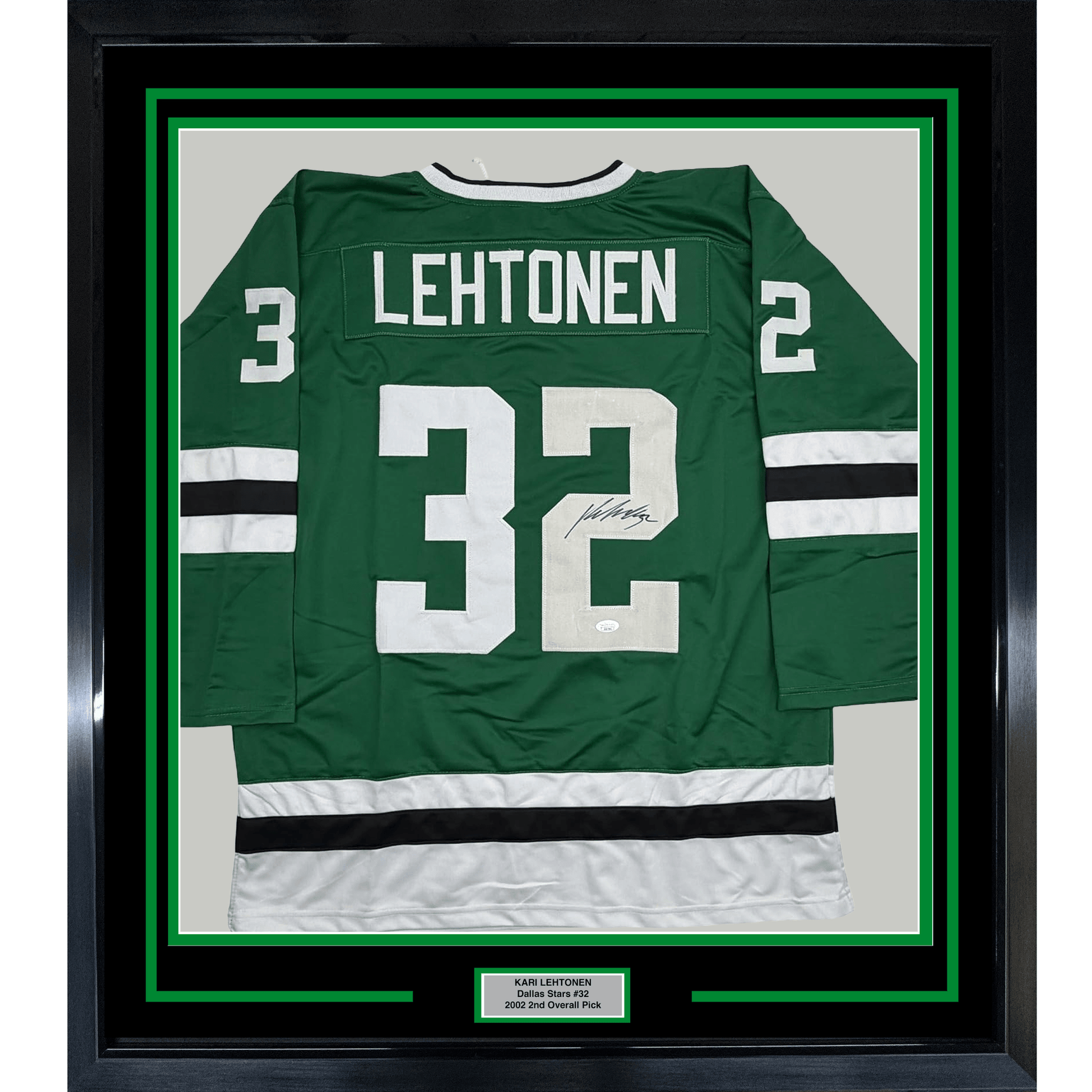 Framed Autographed/Signed Kari Lehtonen 35x39 Dallas Green Hockey Jersey JSA COA