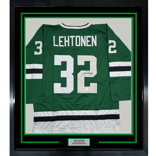 Framed Autographed/Signed Kari Lehtonen 35x39 Dallas Green Hockey Jersey JSA COA