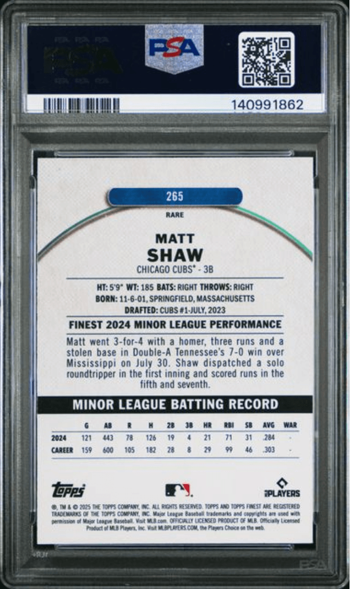 Graded 2025 Topps Finest Matt Shaw #265 Blue Refractor /99 Rookie RC Baseball Card PSA 10 Gem Mint