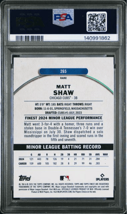 Graded 2025 Topps Finest Matt Shaw #265 Blue Refractor /99 Rookie RC Baseball Card PSA 10 Gem Mint