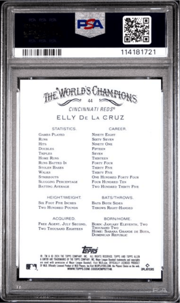 Graded 2024 Topps Allen & Ginter Elly De La Cruz #44 Silver Portrait Hot Box Rookie RC Baseball Card PSA 10 Gem Mint