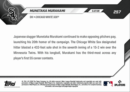 2026 Topps Now Munetaka Murakami #257 20 Home Runs Are Most For Rookie Before June Since 1901 Chicago White Sox Rookie RC Baseball Card