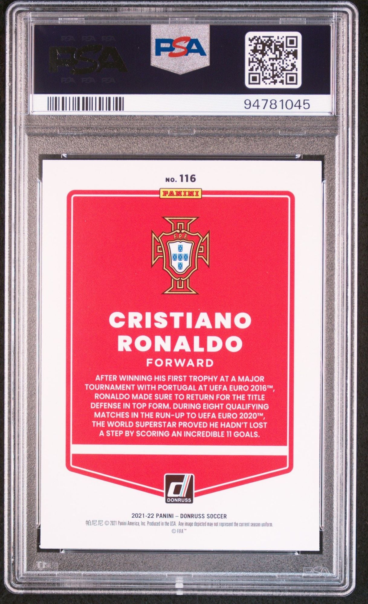 Graded 2021-22 Panini Donruss Road To Qatar Cristiano Ronaldo #116 Portugal World Cup Soccer Card PSA 10 Gem Mint