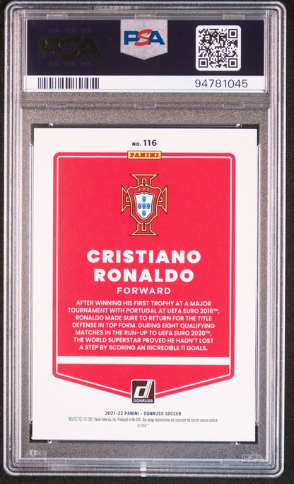 Graded 2021-22 Panini Donruss Road To Qatar Cristiano Ronaldo #116 Portugal World Cup Soccer Card PSA 10 Gem Mint
