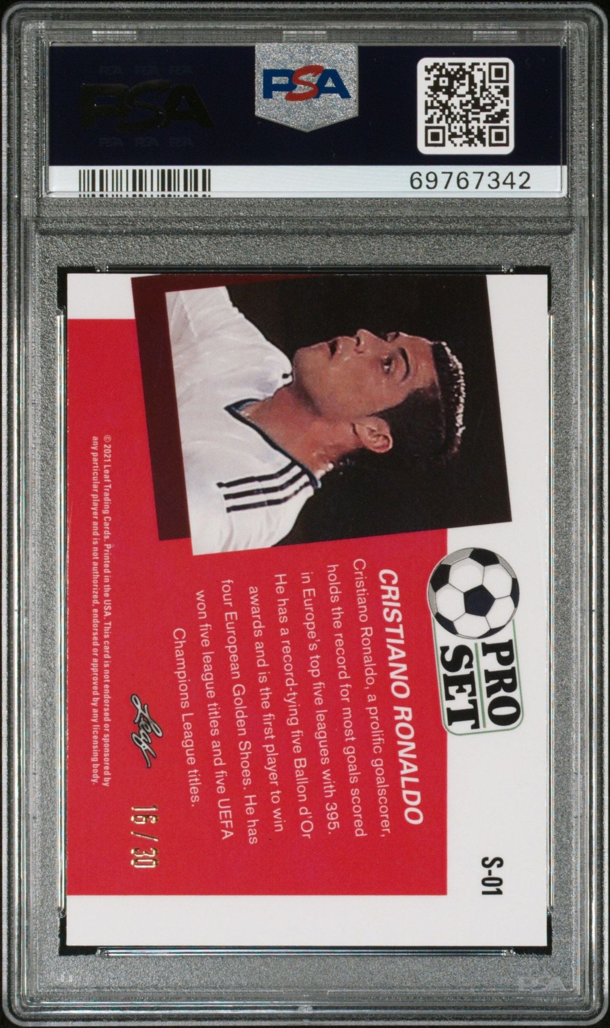 Graded 2021 Leaf Pro Set Metal Cristiano Ronaldo #S-01 #/30 Rainbow Ebony Soccer Card PSA 10 Gem Mint