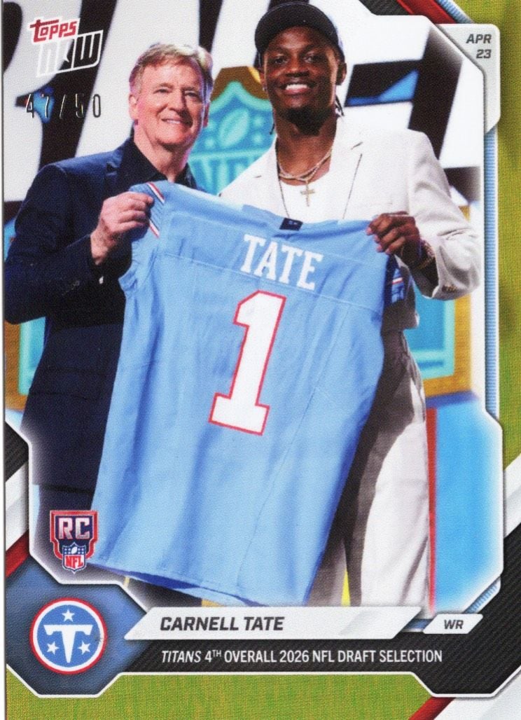 2026 Topps Now Carnell Tate #CTAT Gold Foil /50 Titans 4th Overall 2026 NFL Draft Selection Tennessee Titans Rookie RC Football Card