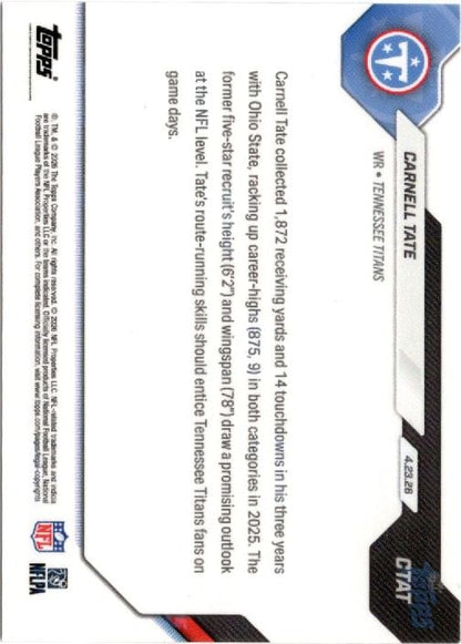 2026 Topps Now Carnell Tate #CTAT Gold Foil /50 Titans 4th Overall 2026 NFL Draft Selection Tennessee Titans Rookie RC Football Card