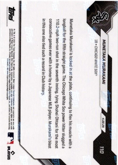 2026 Topps Now Munetaka Murakami #110 Black Foil /10 5th Straight Game with Home Run Ties Ohtanis Mark Chicago White Sox Rookie RC Redemption Baseball Card