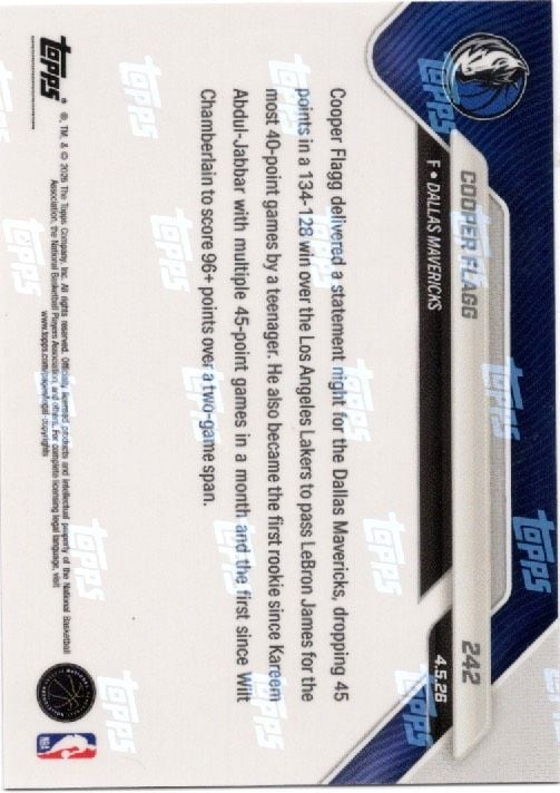 2025 Topps Now Cooper Flagg #242 Black Foil /10 Rivals NBA Royalty with Historic Scoring Run Dallas Mavericks Rookie RC Basketball Card