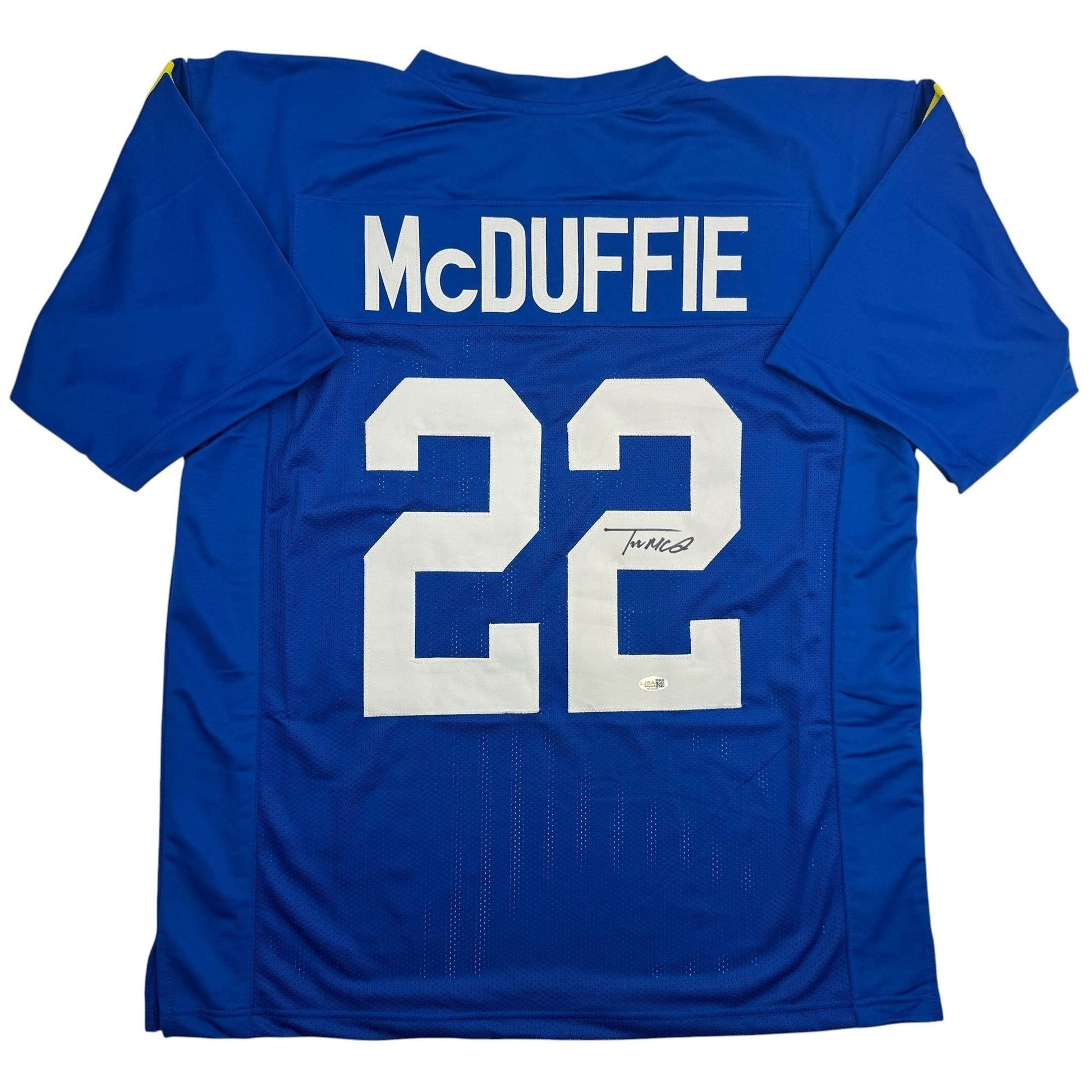 Autographed/Signed Trent McDuffie Los Angeles LA Blue Football Jersey Beckett BAS COA