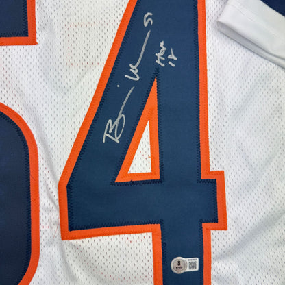 Autographed/Signed Brian Urlacher HOF 18 Chicago White Football Jersey Beckett BAS COA