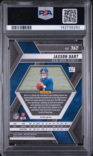 Graded 2025 Panini Mosaic Jaxson Dart #362 Purple Scope Rookie RC Football Card PSA 10 Gem Mint