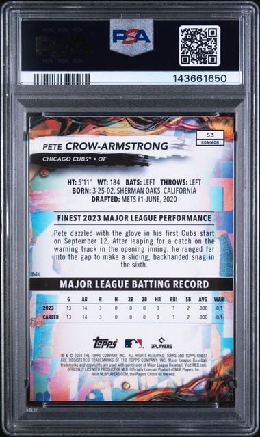 Graded 2024 Topps Finest Pete Crow Armstrong #53 Rookie RC Baseball Card PSA 10 Gem Mint