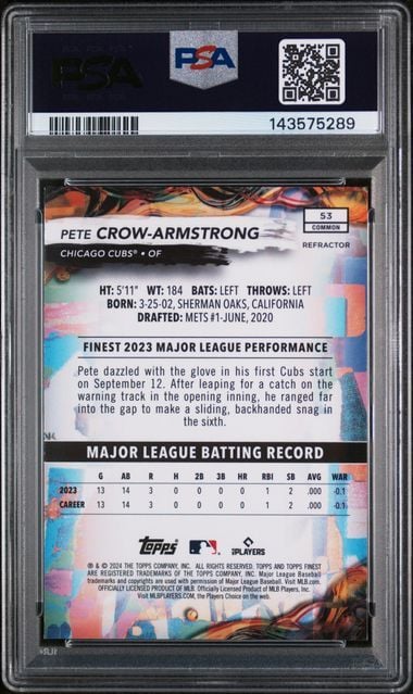 Graded 2024 Topps Finest Pete Crow Armstrong #53 Refractor Rookie RC Baseball Card PSA 10 Gem Mint