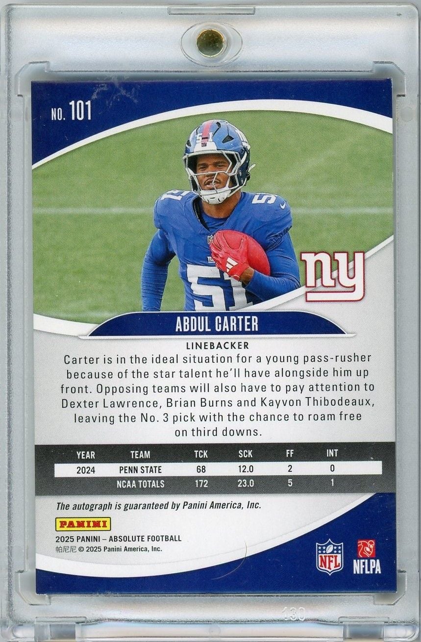 2025 Panini Absolute Abdul Carter #101 /299 Auto Rookie RC Football Card