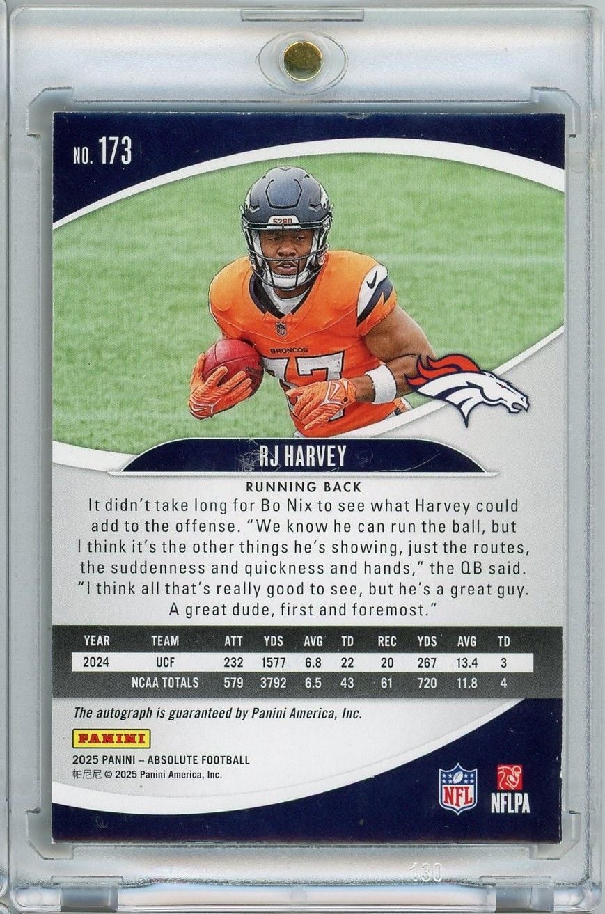 2025 Panini Absolute RJ Harvey #173 /75 Spectrum Orange Auto Rookie RC Football Card