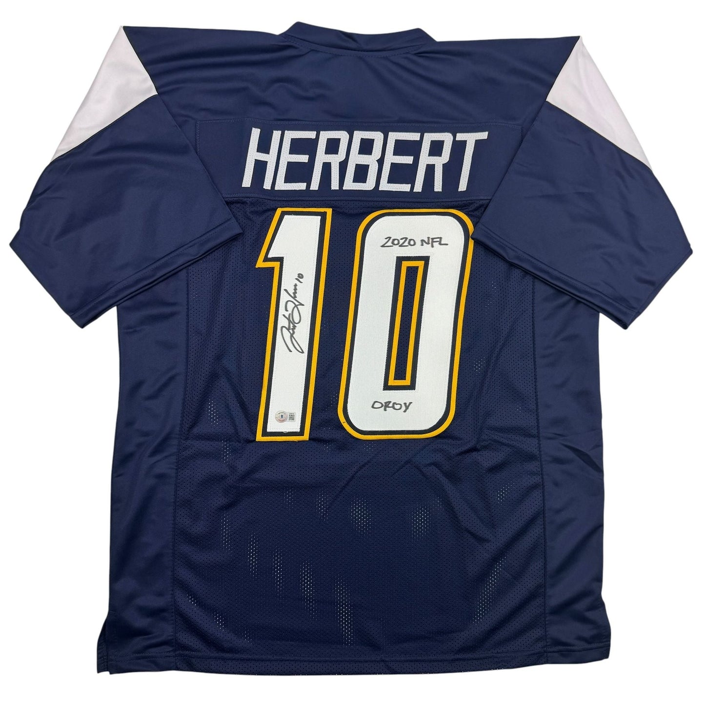 Autographed/Signed Justin Herbert 2020 ROY Los Angeles San Diego Navy Blue Football Jersey Beckett BAS COA