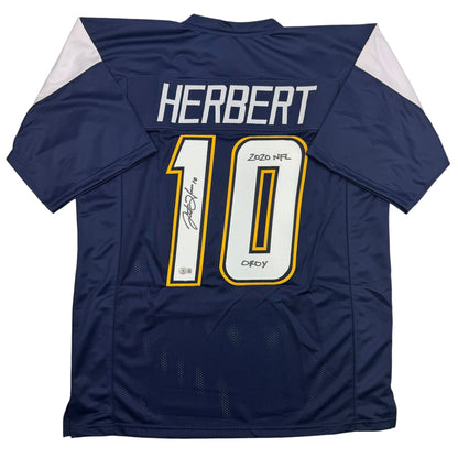 Autographed/Signed Justin Herbert 2020 ROY Los Angeles San Diego Navy Blue Football Jersey Beckett BAS COA