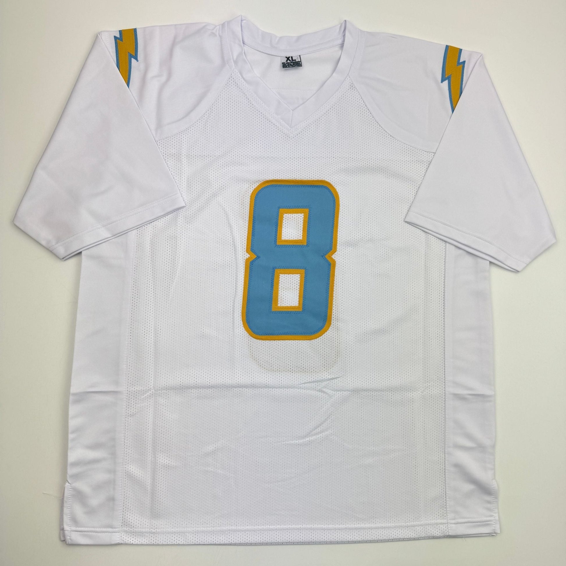 Autographed/Signed Omarion Hampton Los Angeles San Diego White Football Jersey Beckett BAS COA