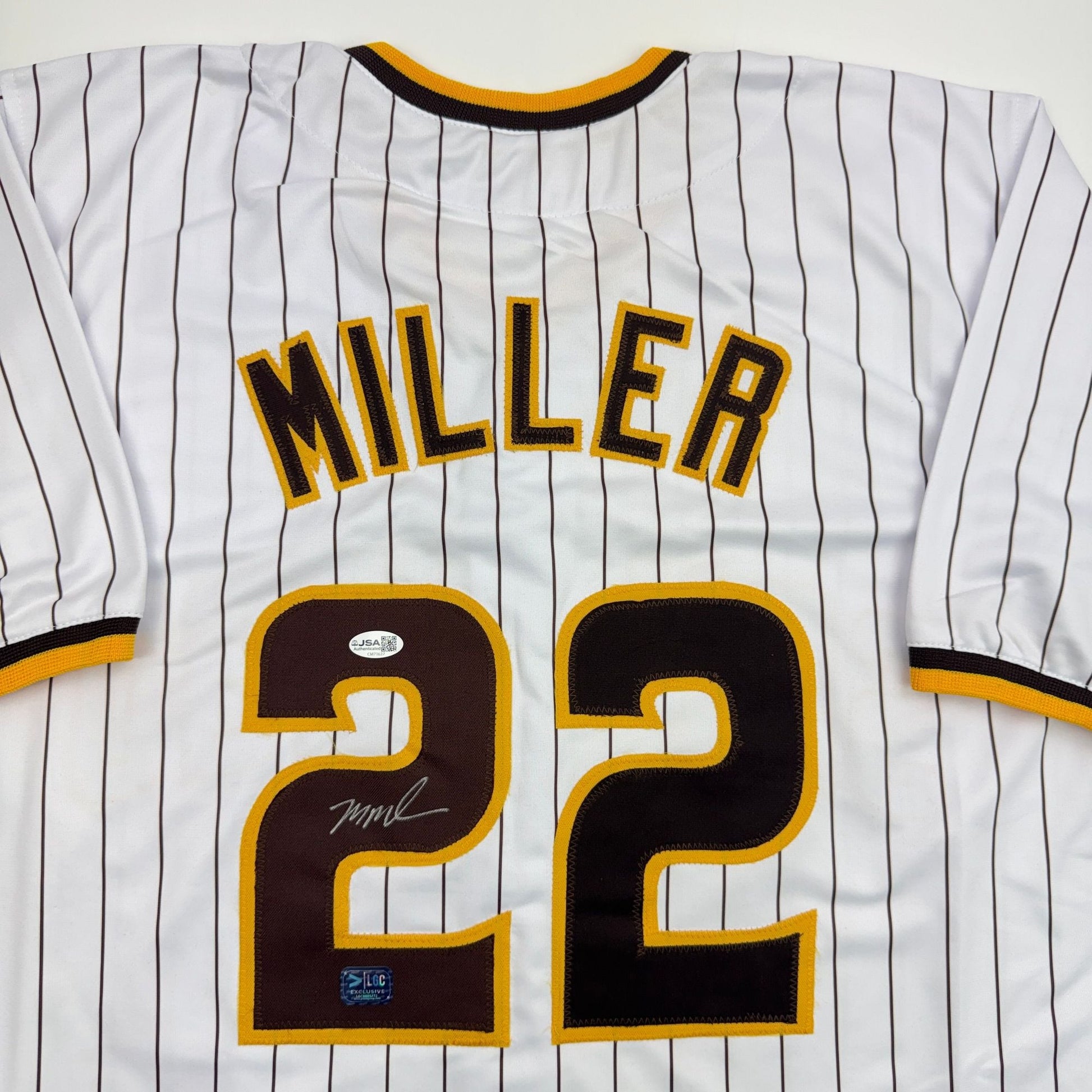 Autographed/Signed Mason Miller San Diego Pinstripe Baseball Jersey LCG Prova COA