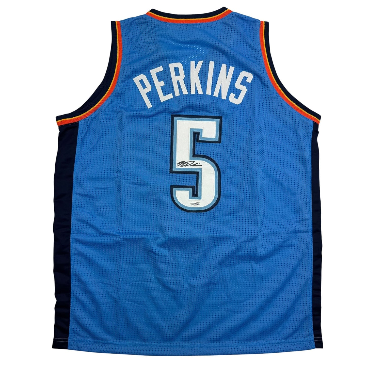 Autographed/Signed Kendrick Perkins Oklahoma City OKC Blue Basketball Jersey JSA COA