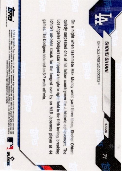 2026 Topps Now Shohei Ohtani #71 Orange Foil /25 Longest On Base Streak Ever By Japanese Player Los Angeles Dodgers Baseball Card