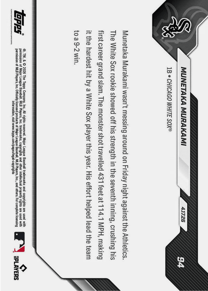 2026 Topps Now Munetaka Murakami #94 Orange Foil /25 Smashes 1st Career Grand Slam 114.1 MPH Chicago White Sox Rookie RC Baseball Card