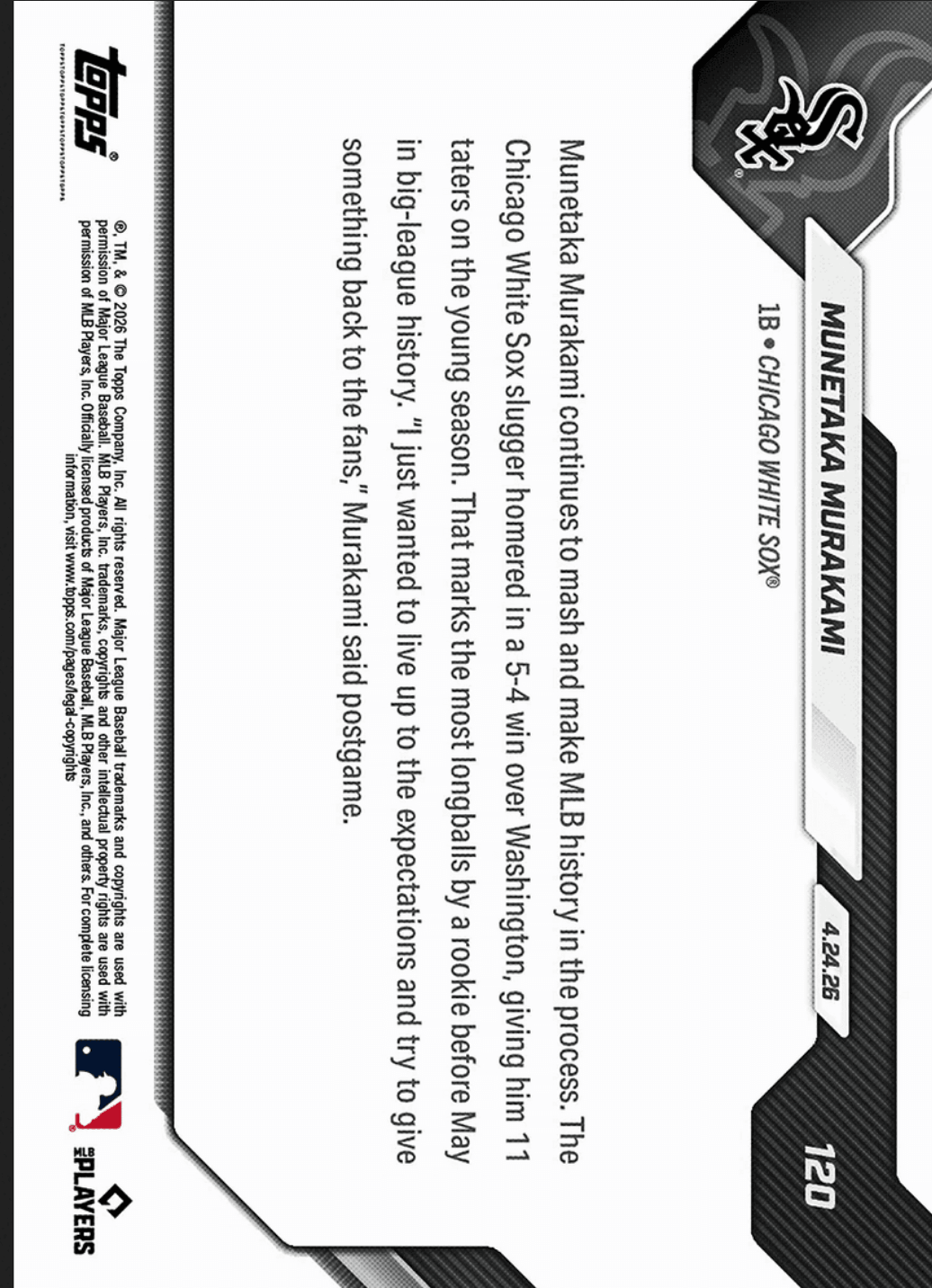 2026 Topps Now Munetaka Murakami #120 Gold Foil /50 11 Home Runs Are Most By Rookie Before May in MLB Lore Chicago White Sox Rookie RC Baseball Card