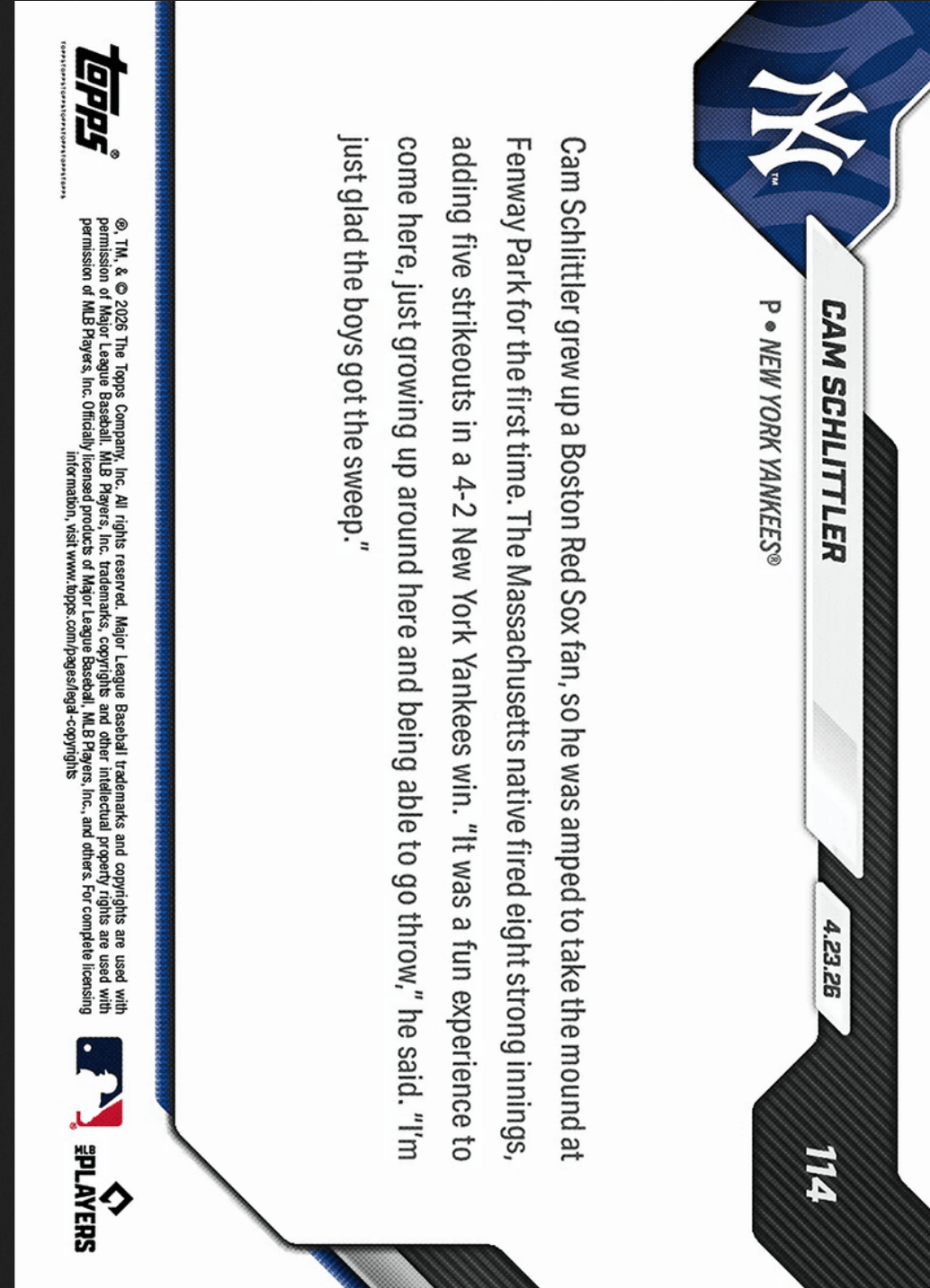 2026 Topps Now Cam Schlittler #114 Gold Foil /50 Mass. Native Fires 8IP in Sweep Over Red Sox New York Yankees Rookie RC Baseball Card