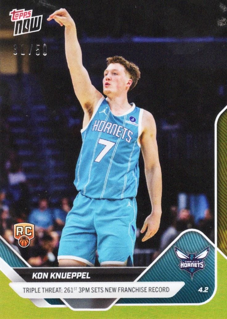 2025 Topps Now Kon Knueppel #239 Gold Foil Triple Threat: 261st 3PM Sets New Franchise Record Charlotte Hornets Rookie RC Basketball Card