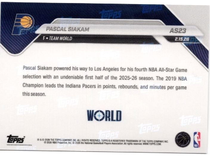 2025 Topps Now Pascal Siakam #AS23 2026 NBA All Star 4th Selection Indiana Pacers Basketball Card