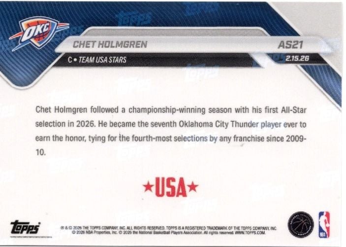 2025 Topps Now Chet Holmgren #AS21 2026 NBA All Star 1st Selection Oklahoma City Thunder Basketball Card