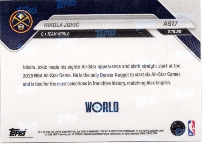 2025 Topps Now Nikola Jokic #AS17 2026 NBA All Star 8th Selection Denver Nuggets Basketball Card