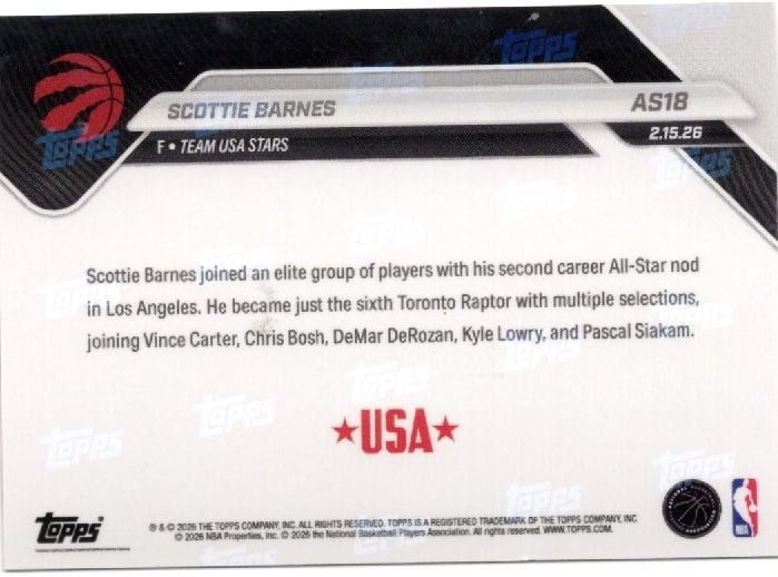 2025 Topps Now Scottie Barnes #AS18 2026 NBA All Star 2nd Selection Toronto Raptors Basketball Card