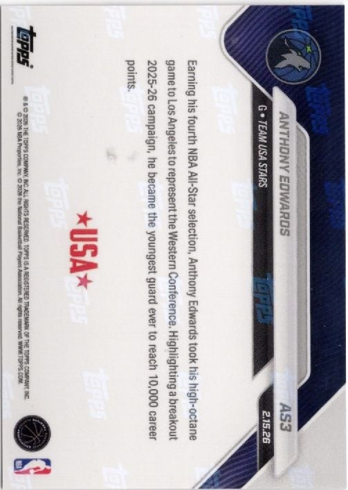 2025 Topps Now Anthony Edwards #AS3 2026 NBA All Star 4th Selection Minnesota Timberwolves Basketball Card
