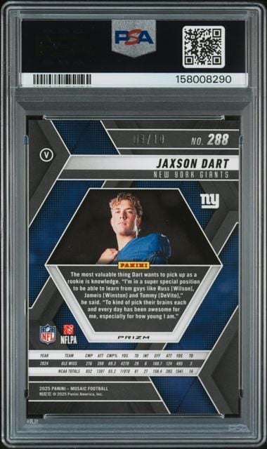 Graded 2025 Panini Mosaic Jaxson Dart #288 /10 Gold Wave Rookie RC Football Card PSA 10 Gem Mint