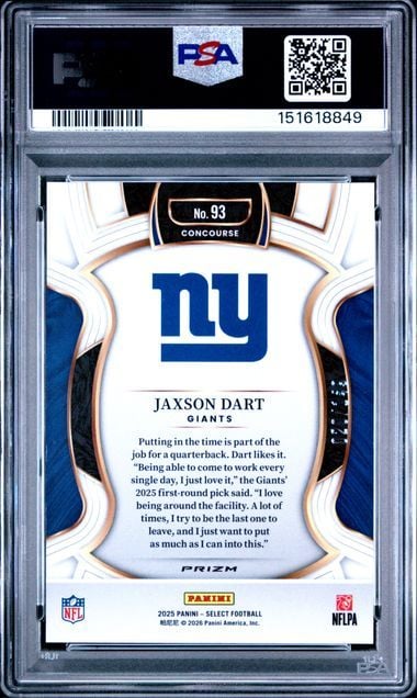 Graded 2025 Panini Select Jaxson Dart #93 /149 Maroon Prizm Rookie RC Football Card PSA 10 Gem Mint