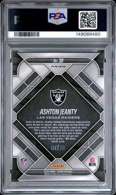 Graded 2025 Panini Prizm Ashton Jeanty #10 /10 Emergent Gold Prizm Rookie RC Football Card PSA 10 Gem Mint
