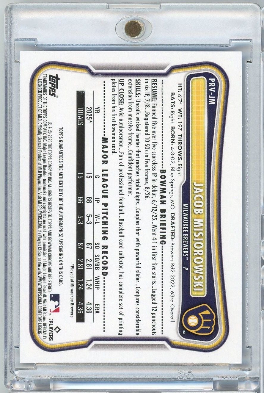2026 Topps Bowman Jacob Misiorowski #PRVJM /150 Blue Auto Rookie RC Baseball Card