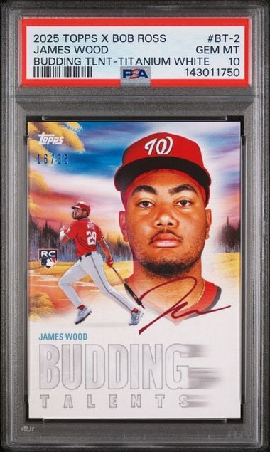 Graded 2025 Topps x Bob Ross James Wood #BT2 /35 Budding Talents Titanium White Rookie RC Baseball Card PSA 10 Gem Mint