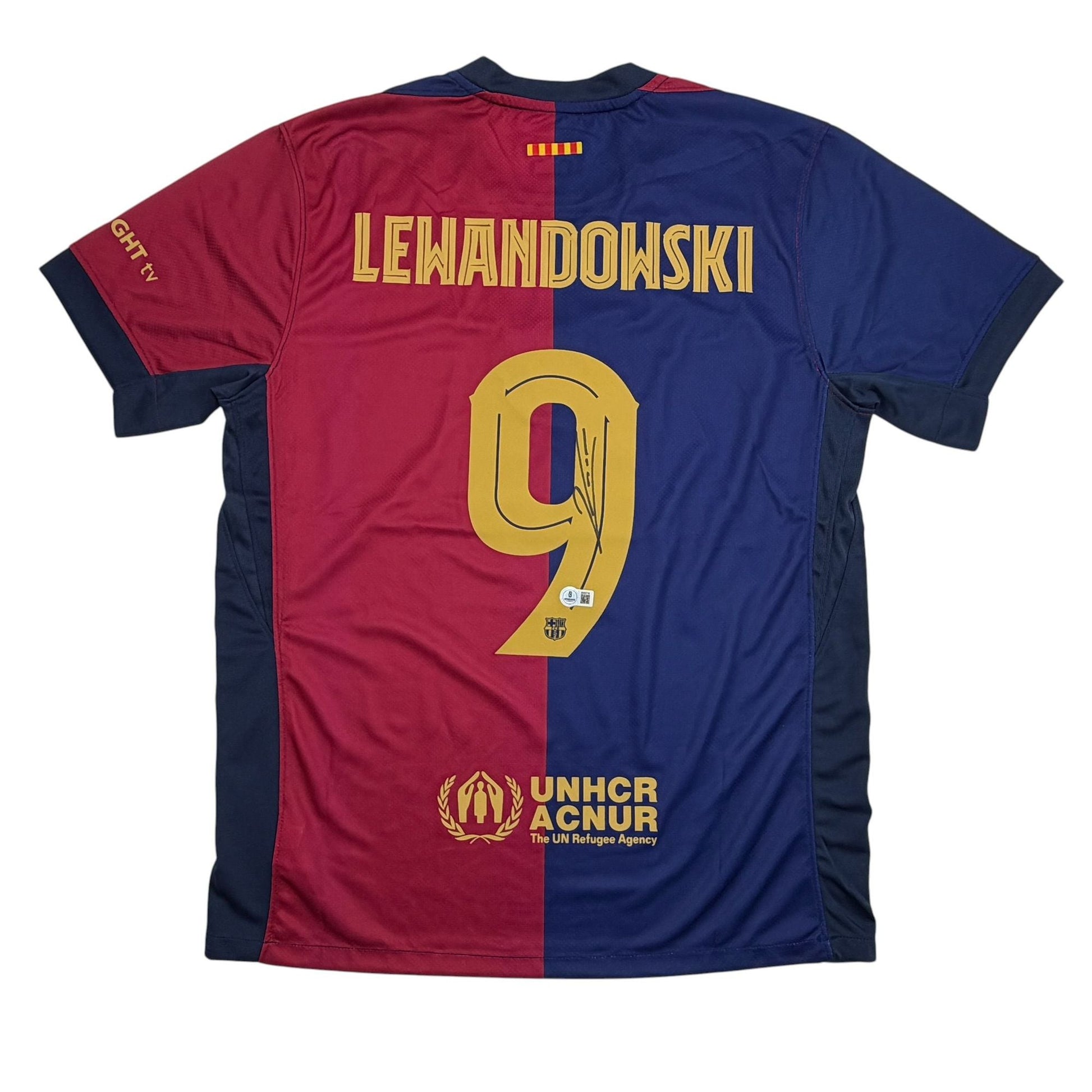 Autographed/Signed Robert Lewandowski FC Barcelona Blue/Red Soccer Futbol Jersey Beckett BAS COA