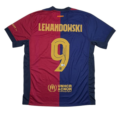 Autographed/Signed Robert Lewandowski FC Barcelona Blue/Red Soccer Futbol Jersey Beckett BAS COA