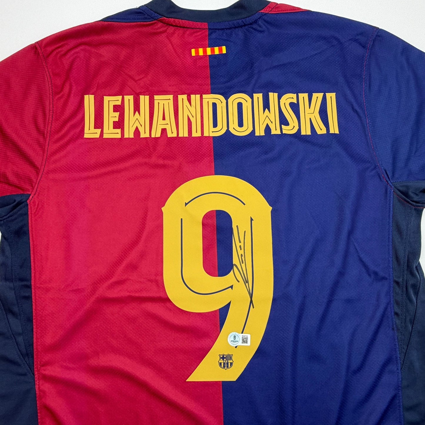 Autographed/Signed Robert Lewandowski FC Barcelona Blue/Red Soccer Futbol Jersey Beckett BAS COA