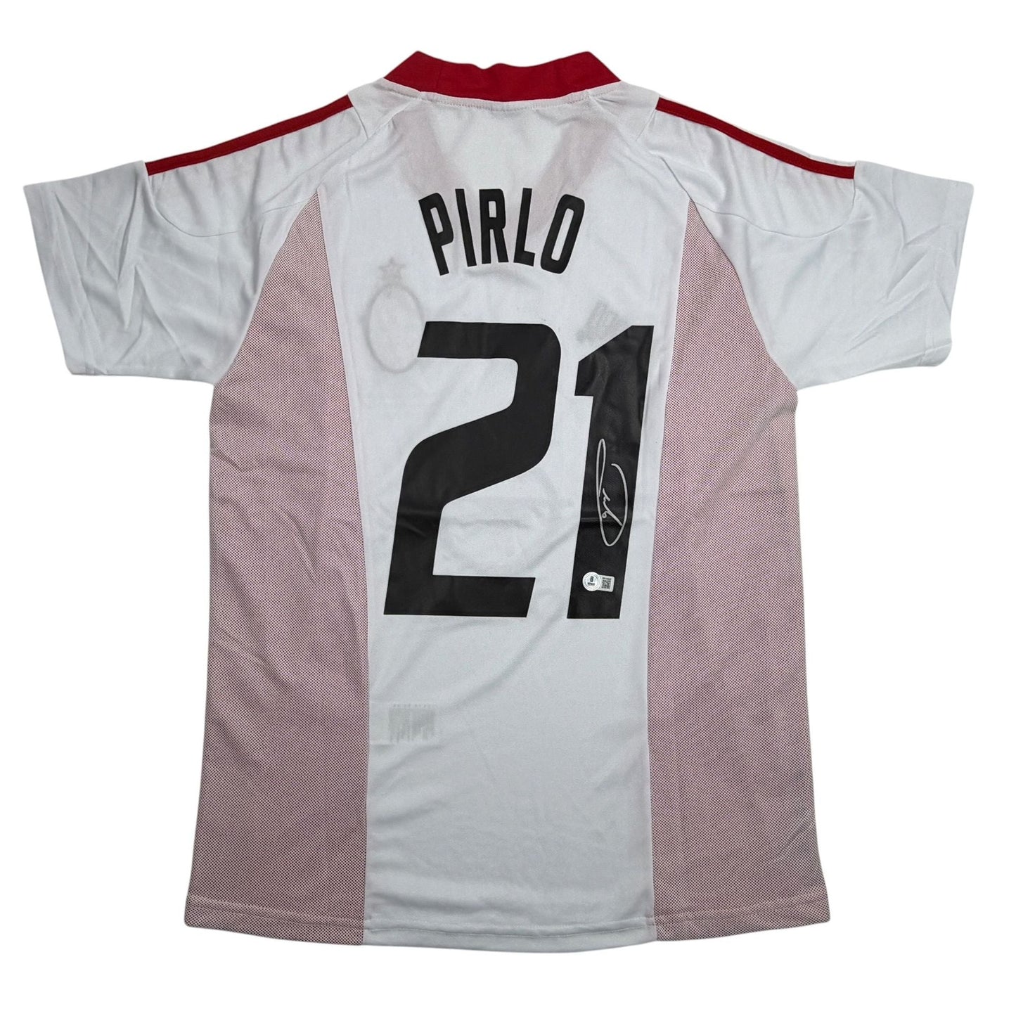 Autographed/Signed Andrea Pirlo AC Milan White Soccer Futbol Jersey Beckett BAS COA