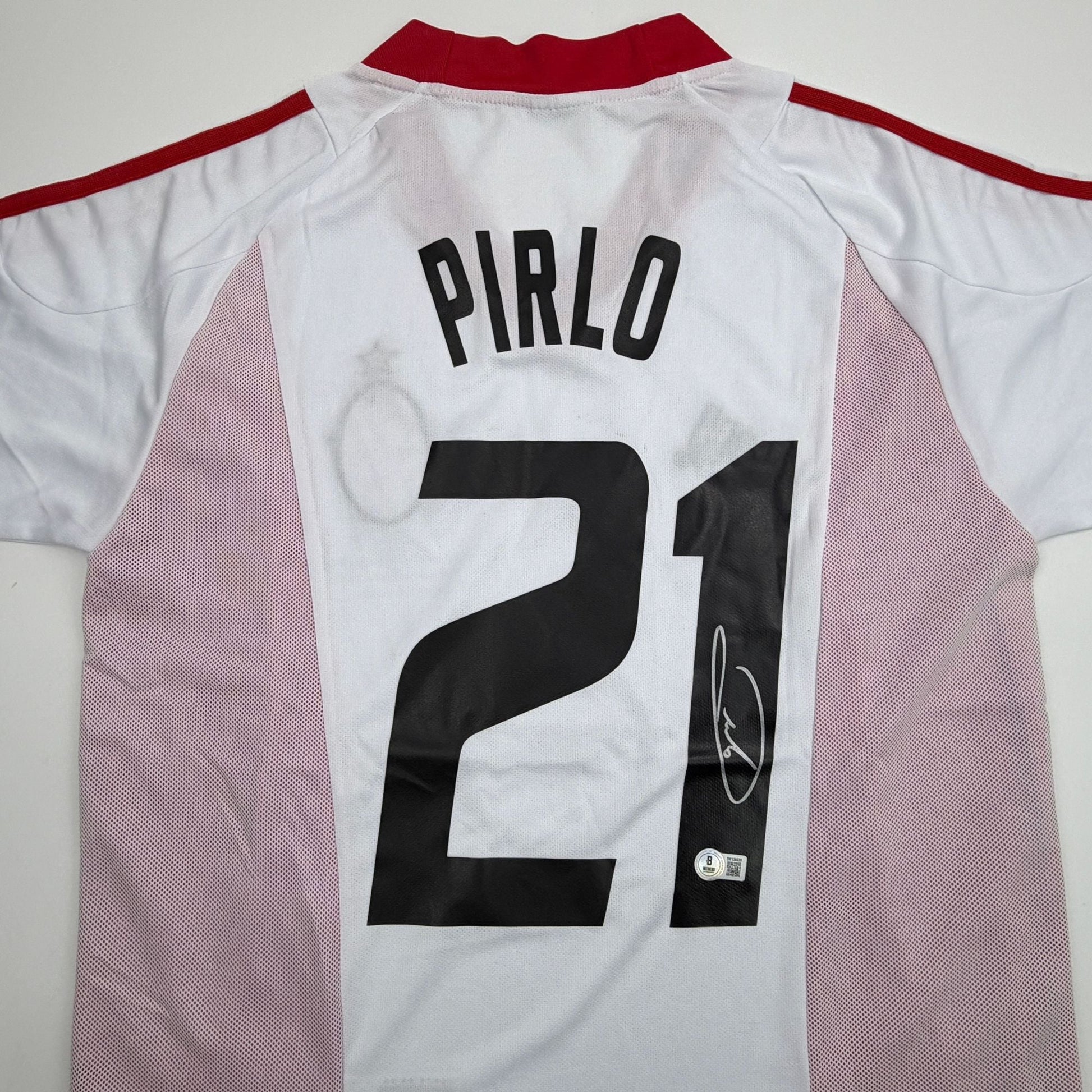 Autographed/Signed Andrea Pirlo AC Milan White Soccer Futbol Jersey Beckett BAS COA
