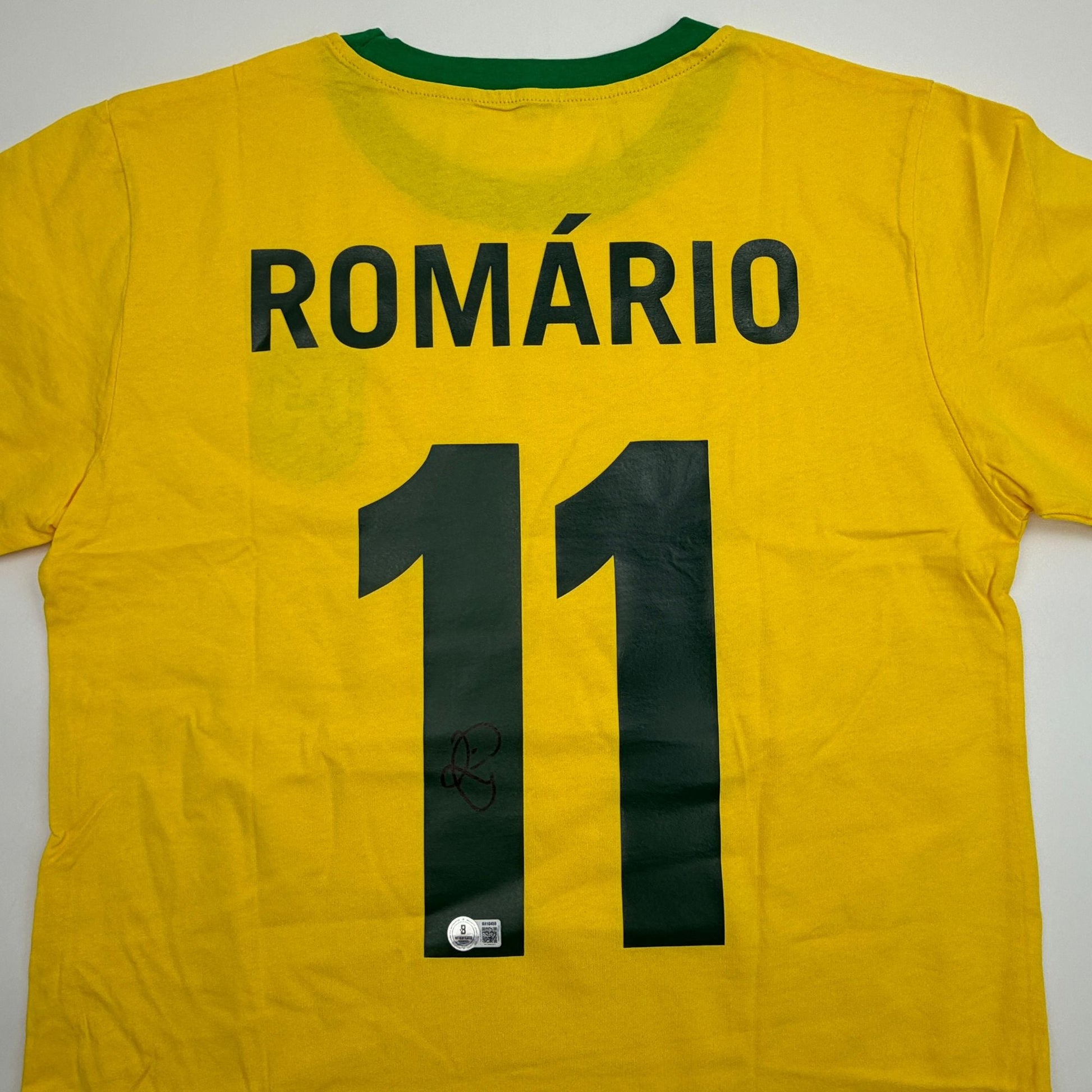 Autographed/Signed Romario Brazil Yellow Soccer Futbol Jersey Beckett BAS COA