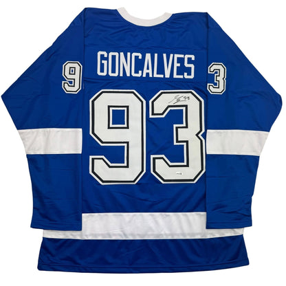Autographed/Signed Gage Goncalves Tampa Bay Blue Hockey Jersey JSA COA