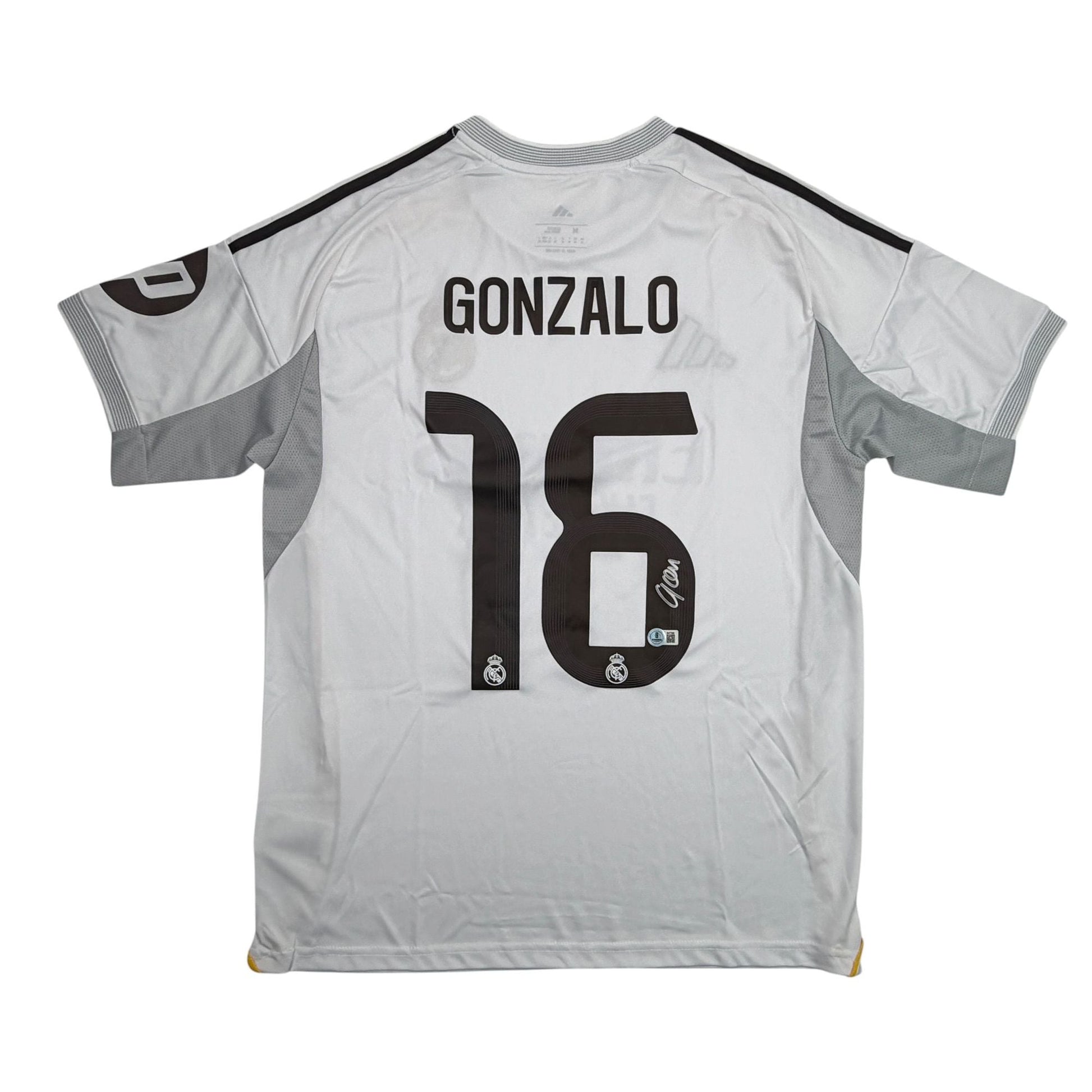 Autographed/Signed Gonzalo Garcia Real Madrid White Soccer Futbol Jersey Beckett BAS COA