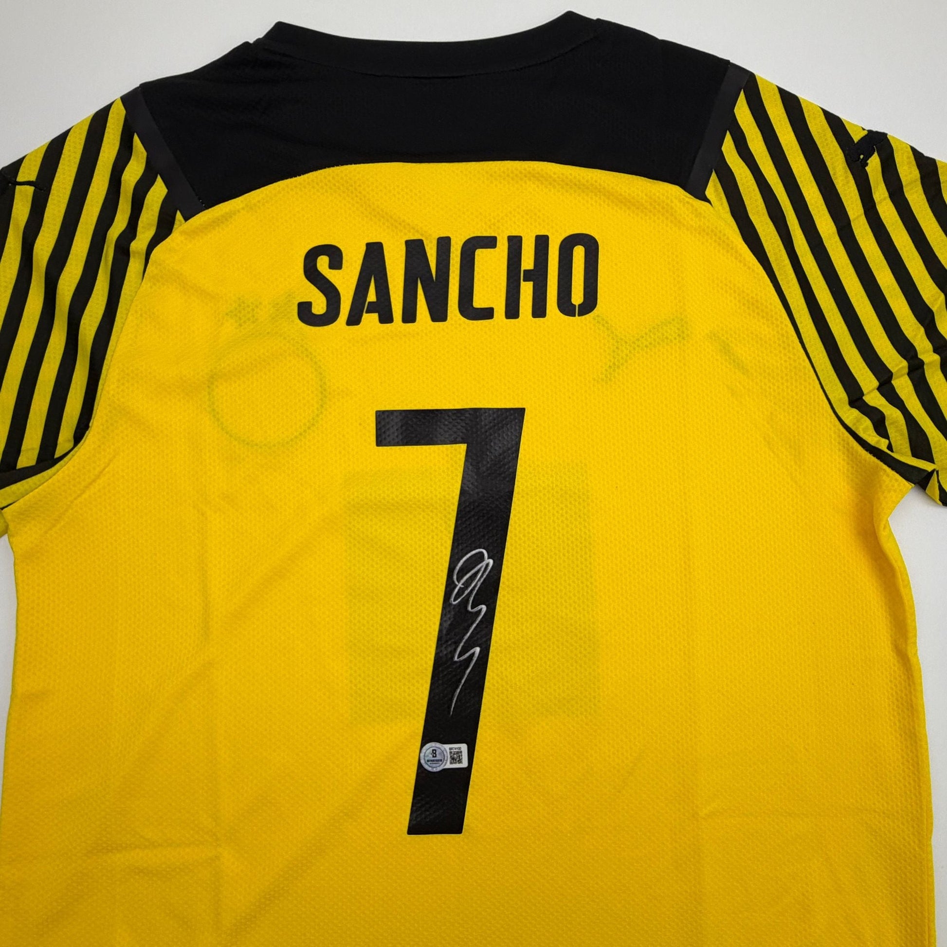 Autographed/Signed Jadon Sancho Borussia Dortmund Yellow Soccer Futbol Jersey Beckett BAS COA